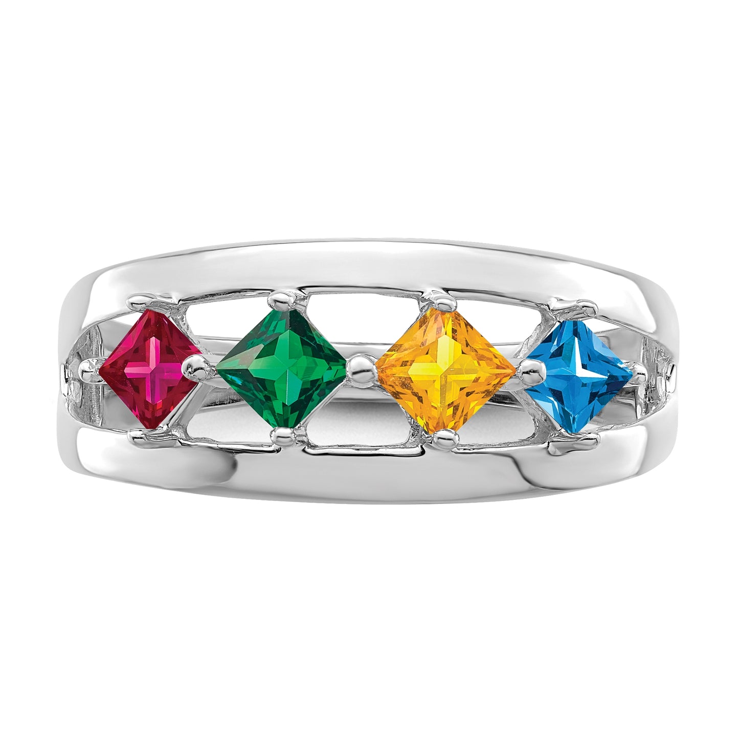 Sterling Silver Rhodium plated Synthetic 4-Stone Family Jewelry Ring