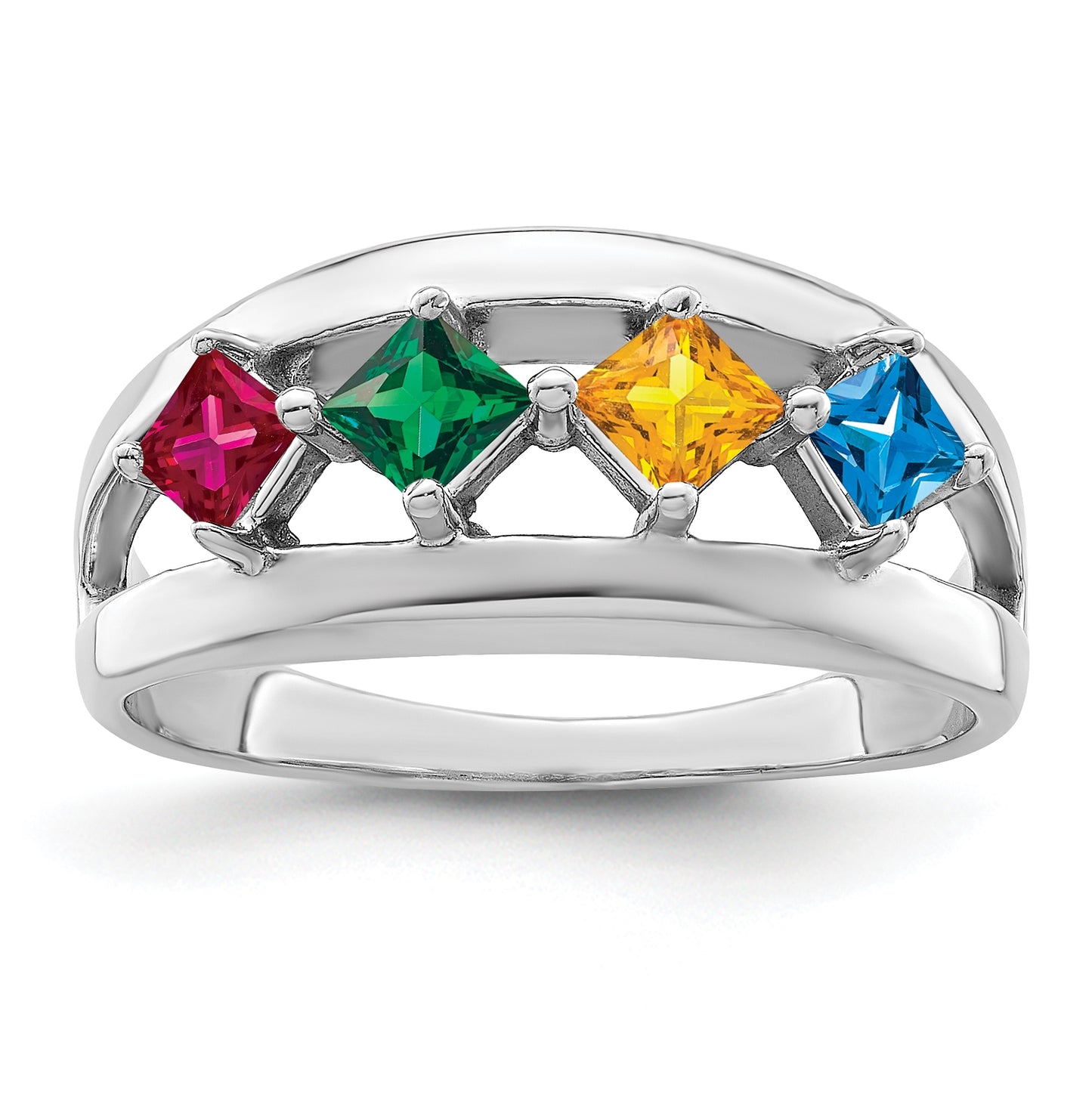 Sterling Silver Rhodium plated Synthetic 4-Stone Family Jewelry Ring