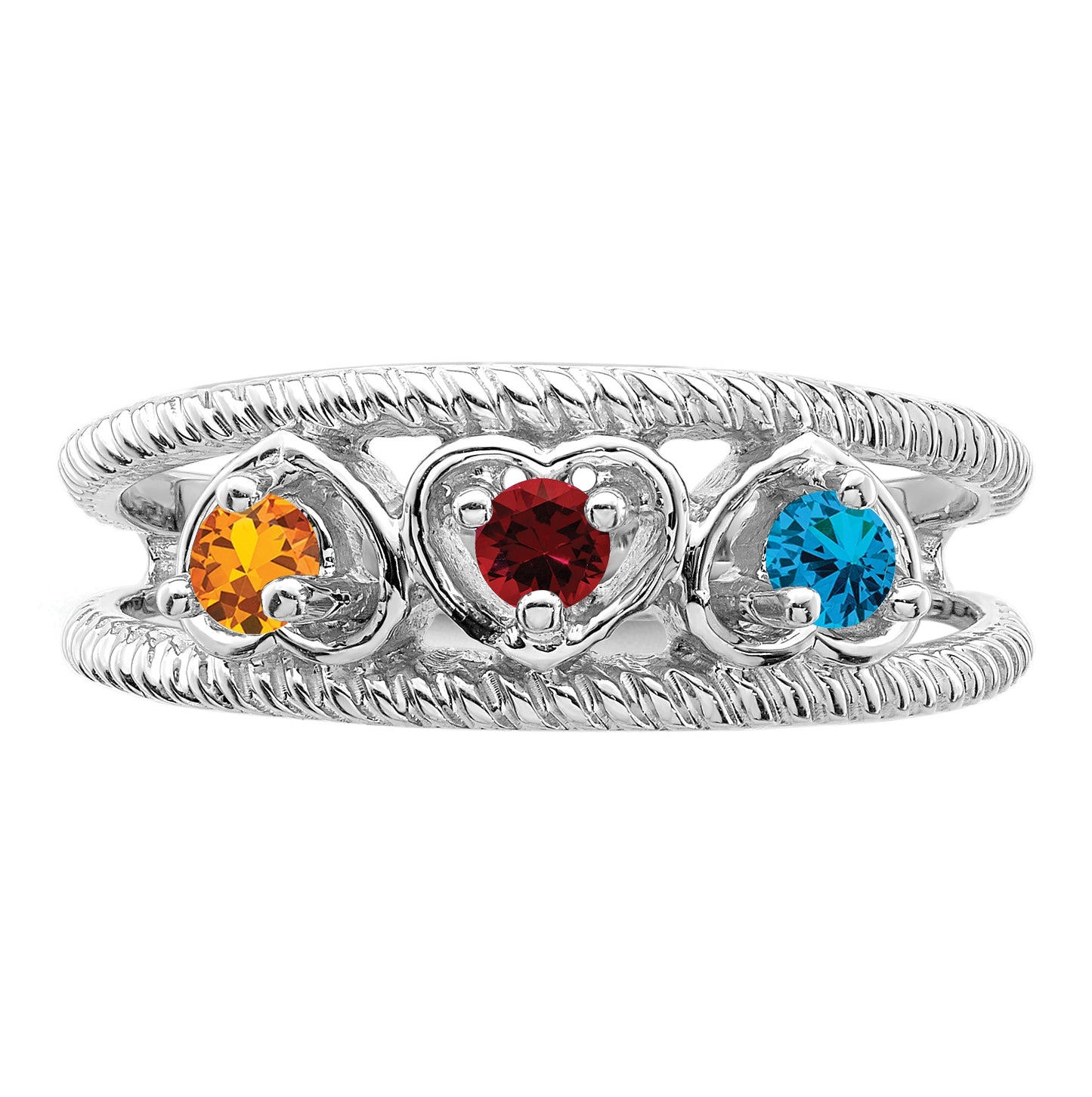Sterling Silver Rhodium plated Synthetic 3 Stone Family Jewelry Ring