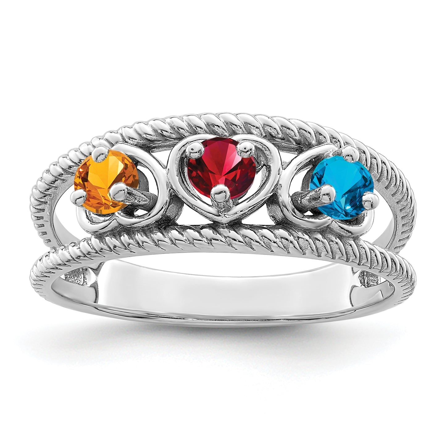 Sterling Silver Rhodium plated Synthetic 3 Stone Family Jewelry Ring
