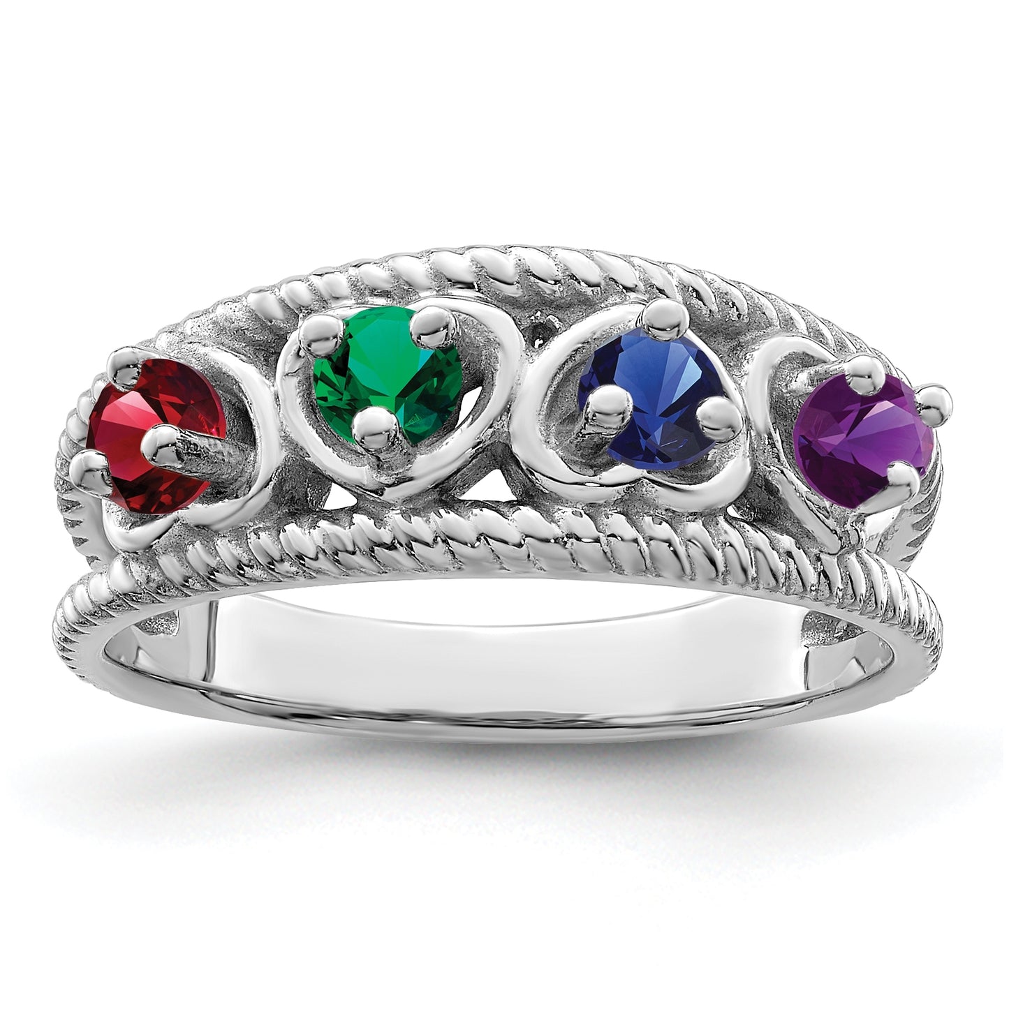 Sterling Silver Rhodium plated Synthetic 4 Stone Family Jewelry Ring