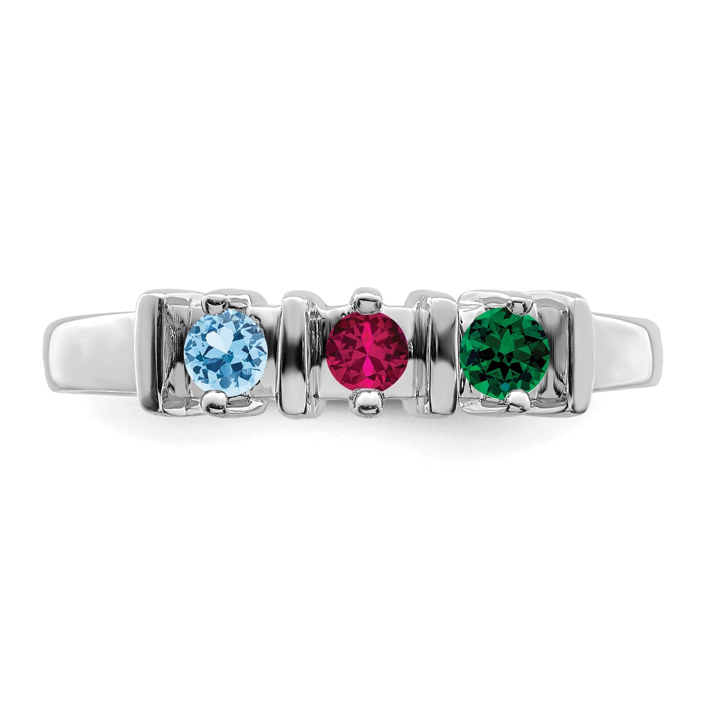 Sterling Silver Rhodium plated Synthetic 3 mm 3 Stone Mother's Ring, 3mm Band width