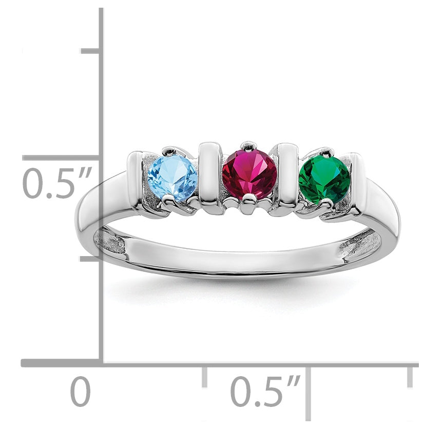 Sterling Silver Rhodium plated Synthetic 3 mm 3 Stone Mother's Ring, 3mm Band width