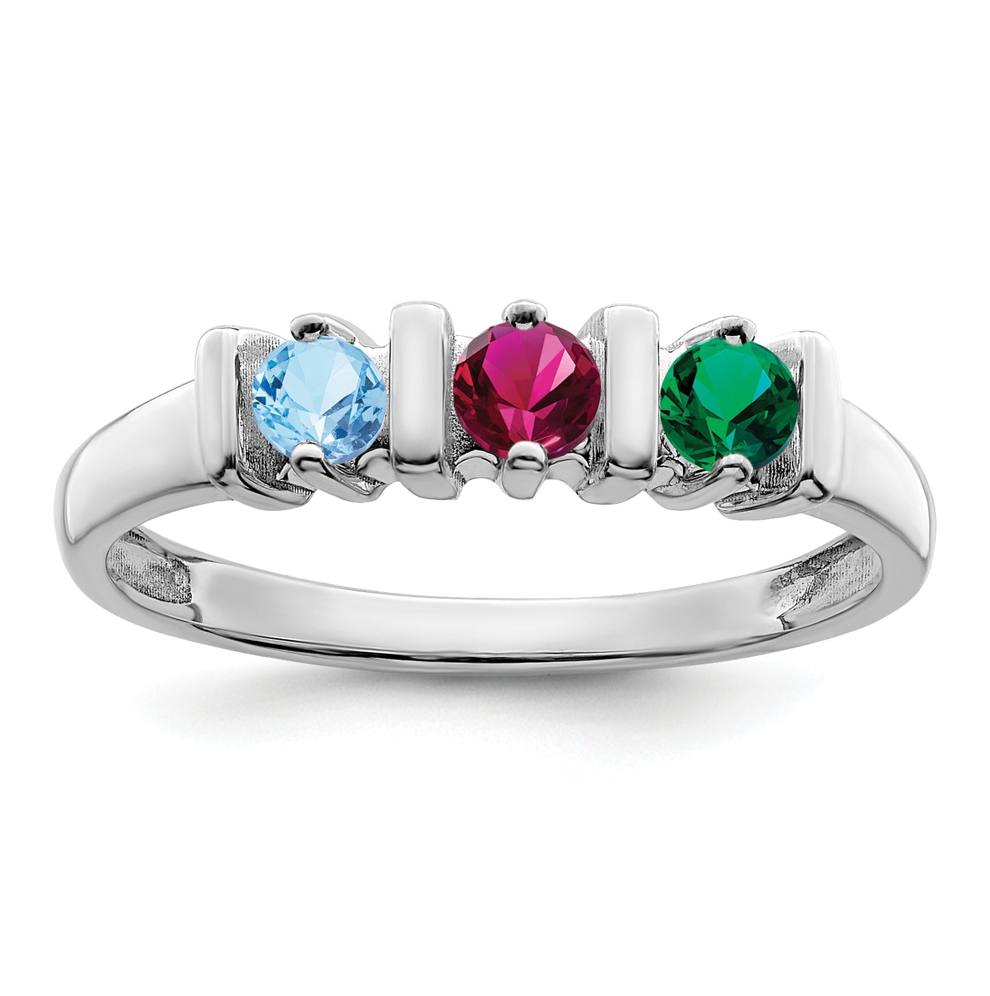 Sterling Silver Rhodium plated Synthetic 3 mm 3 Stone Mother's Ring, 3mm Band width