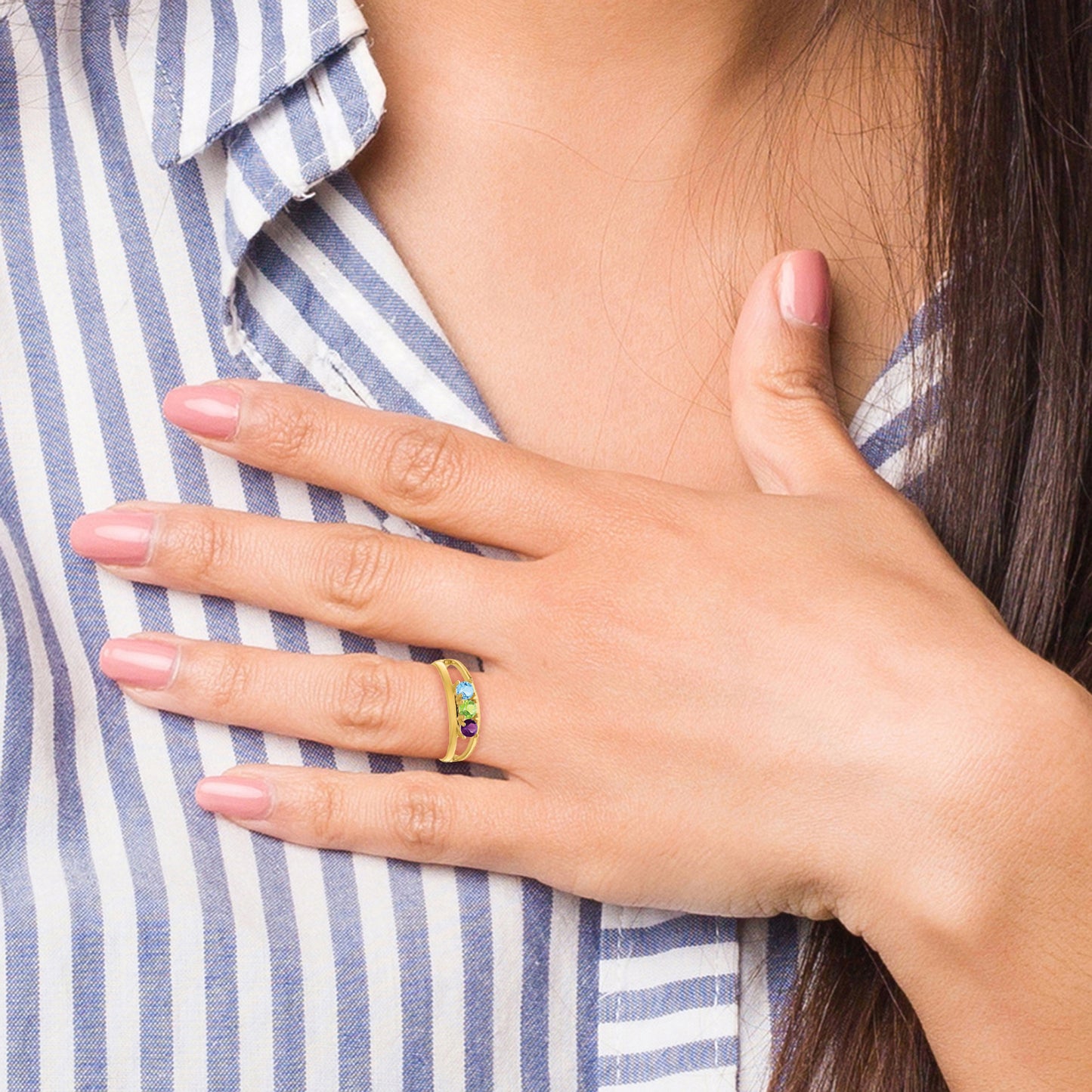 Gold Plated Sterling Silver Rhodium Plated Synthetic 3 Stone Mother's Ring