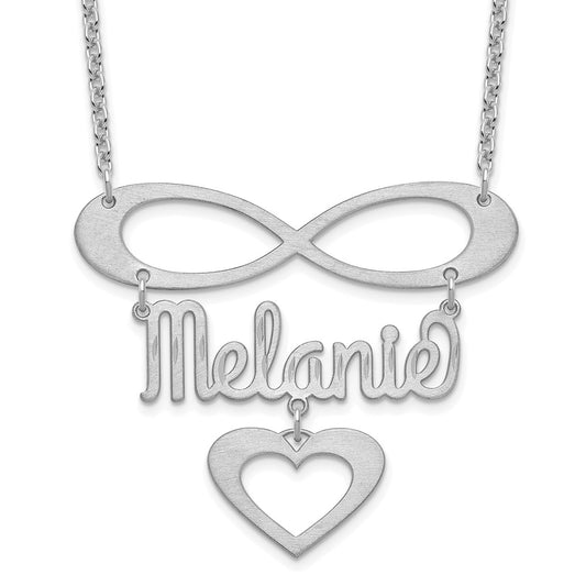 Sterling Silver Rhodium plated Brushed Infinity with Name and Heart Necklace