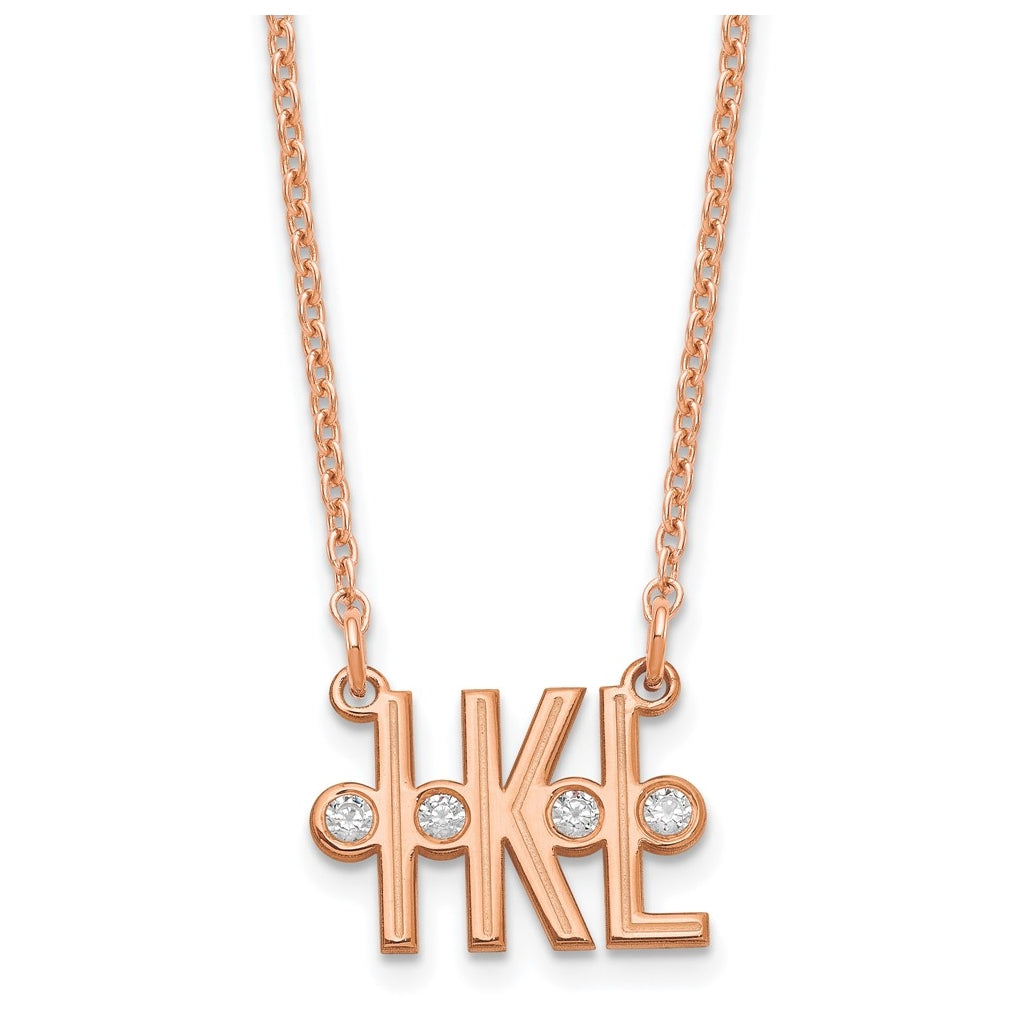 Sterling Silver Rose Gold plated Etched 3 Initial Diamond Necklace