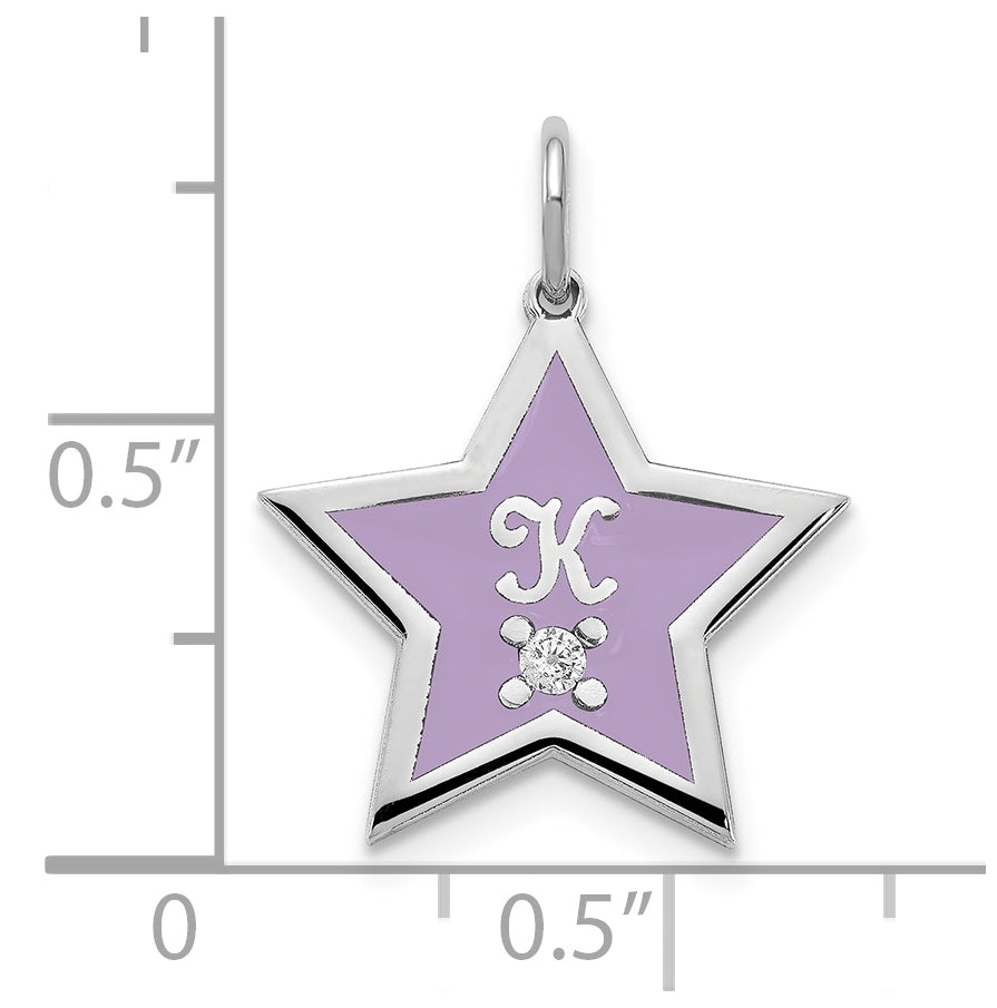 Sterling Silver Rhodium plated Initial Enameled Star with Diamond Charm
