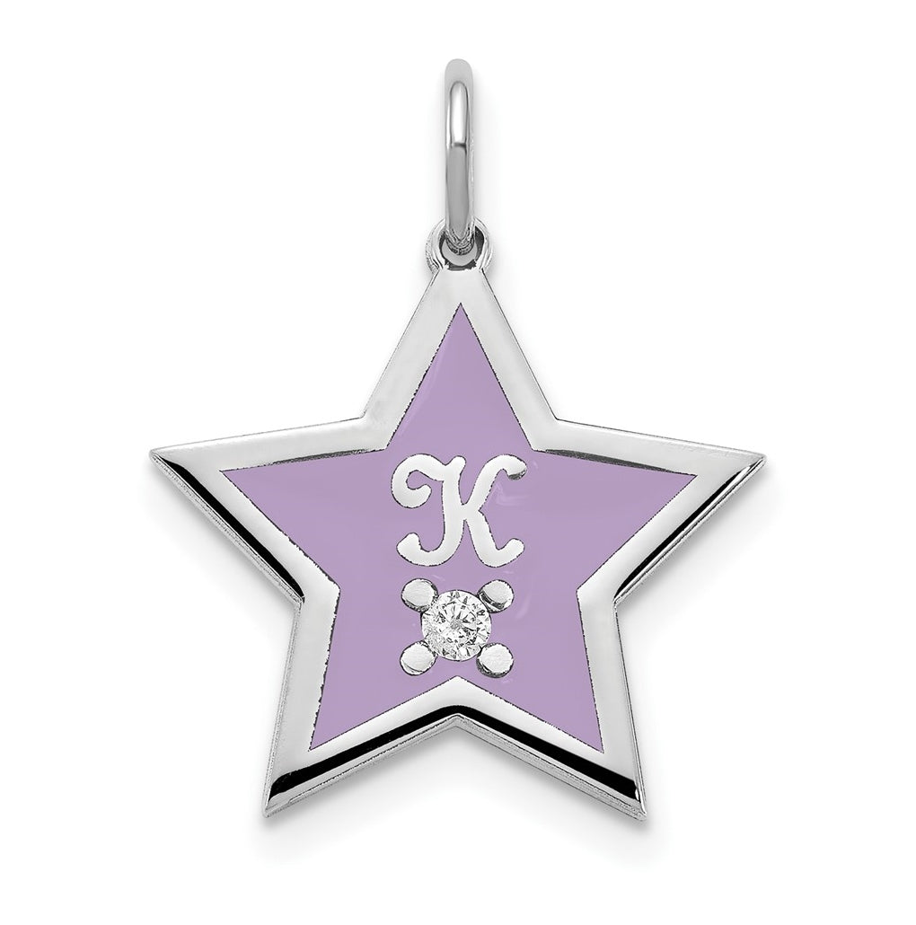 Sterling Silver Rhodium plated Initial Enameled Star with Diamond Charm