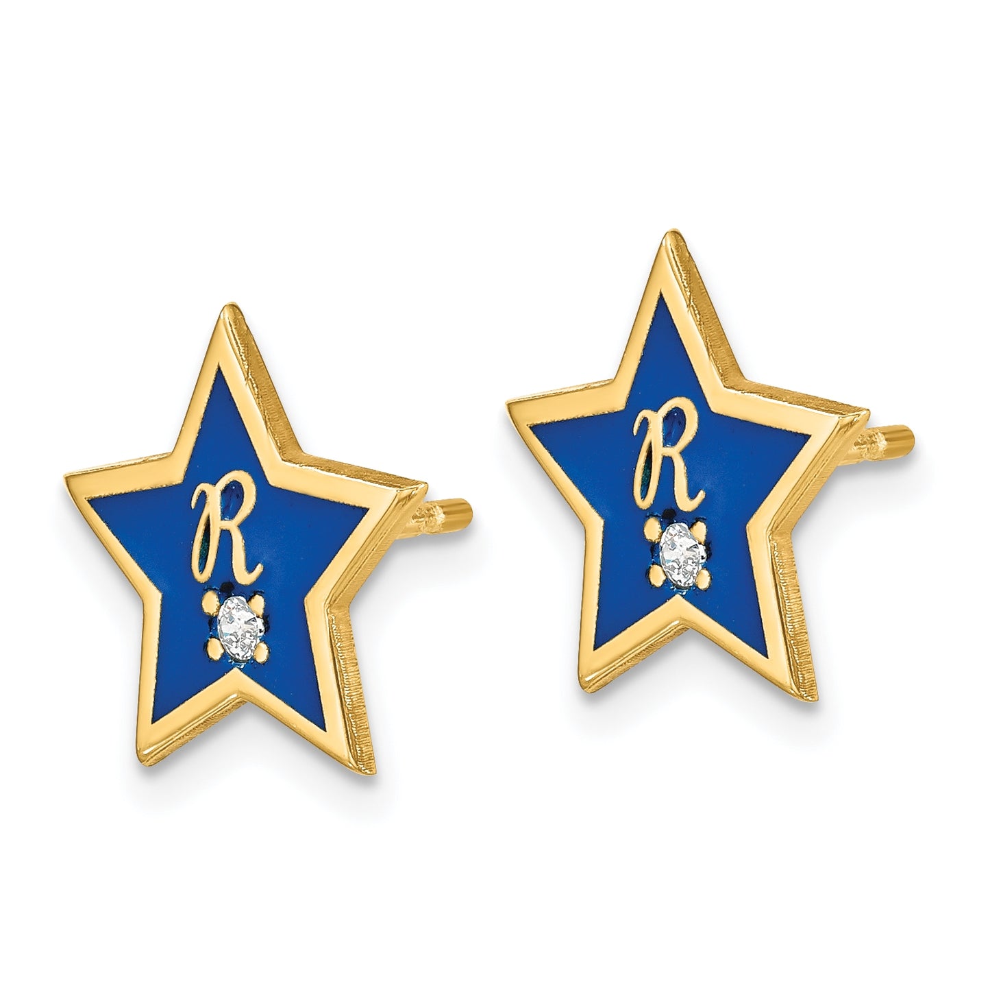 14K Yellow Gold Initial Enameled Star with Diamond Post Earrings