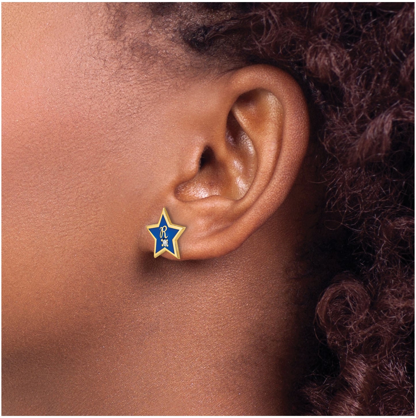 14K Yellow Gold Initial Enameled Star with Diamond Post Earrings