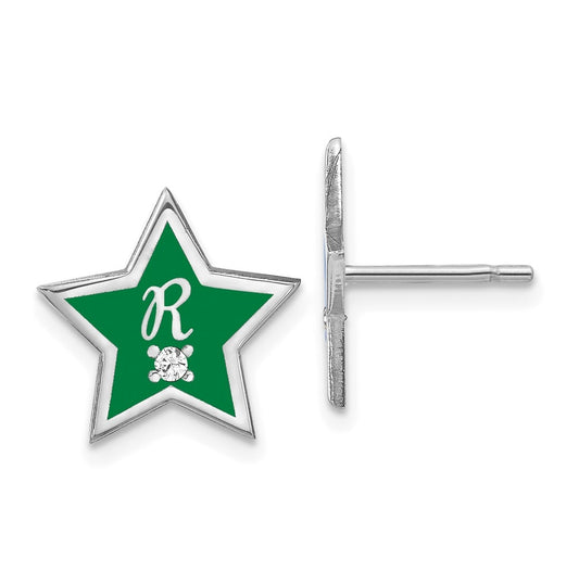 Sterling Silver Rhodium Plated Initial Enameled Star with Diamond Post Earrings