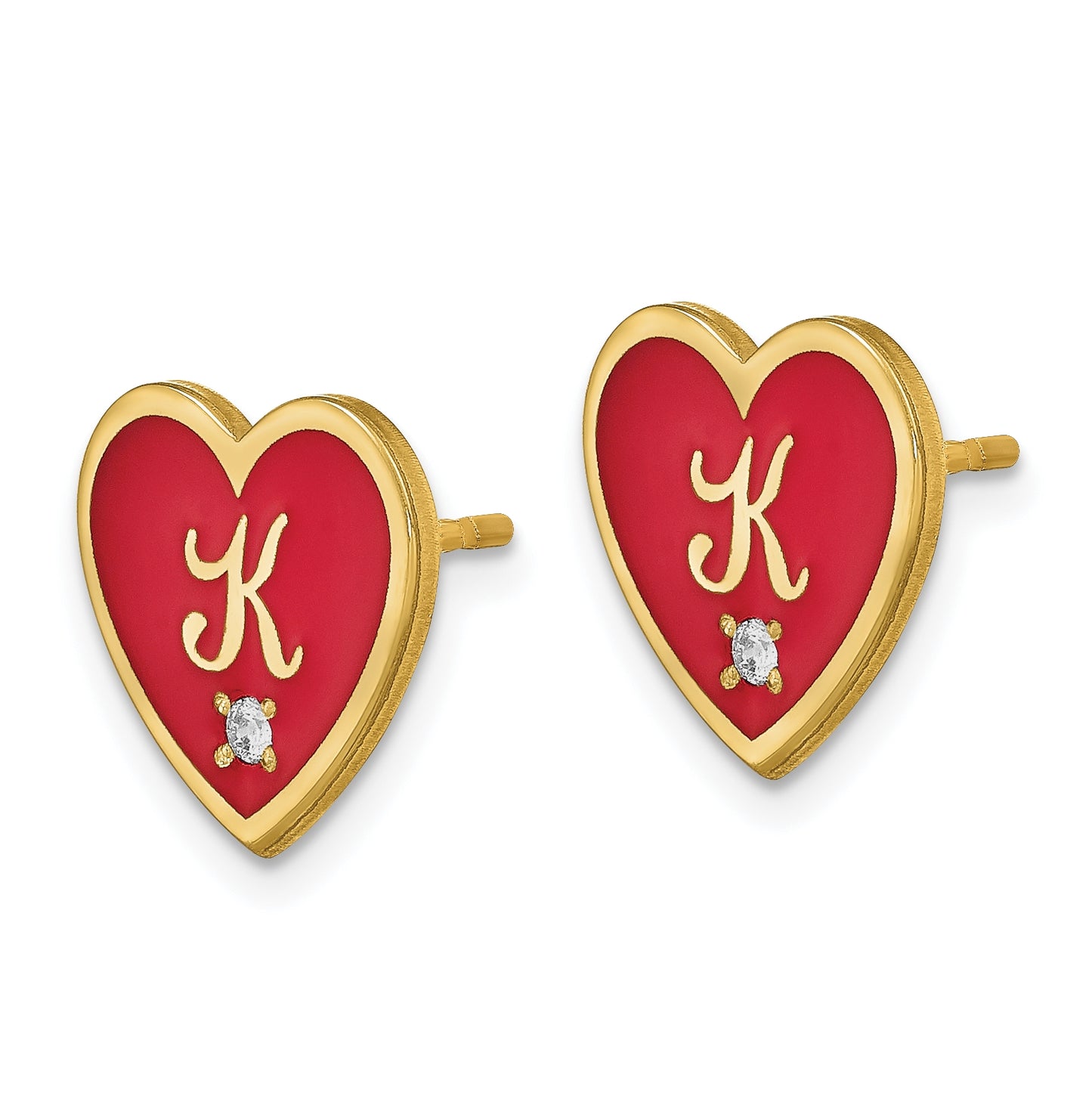 14K Yellow Gold Initial Enameled Heart with Diamond Post Earrings