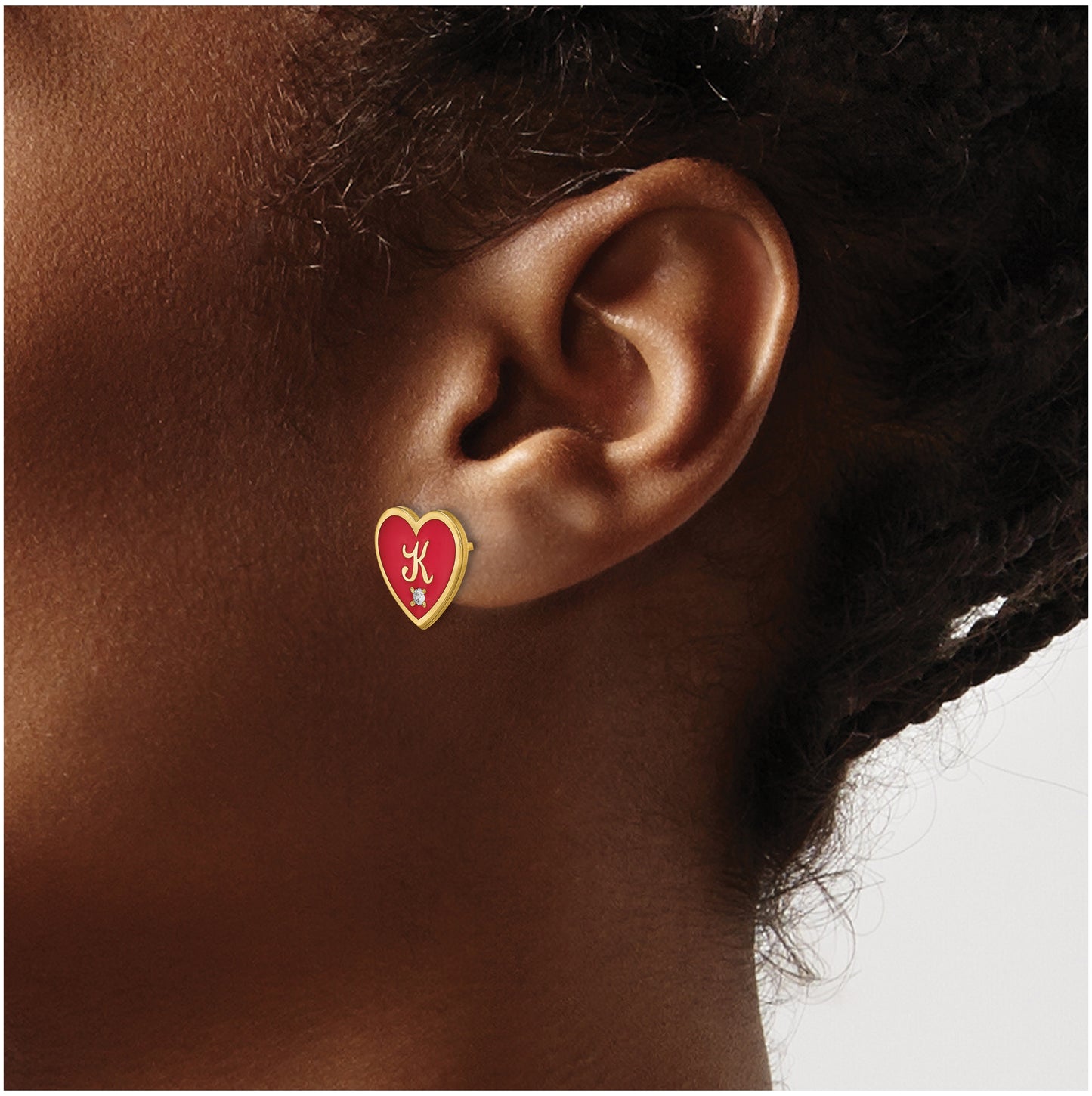 14K Yellow Gold Initial Enameled Heart with Diamond Post Earrings