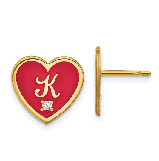 14K Yellow Gold Initial Enameled Heart with Diamond Post Earrings