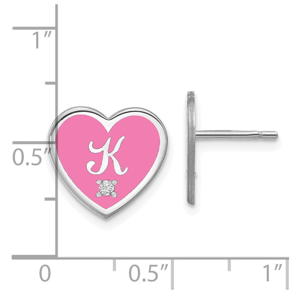 14K White Gold Initial Enameled Heart with Diamond Post Earrings