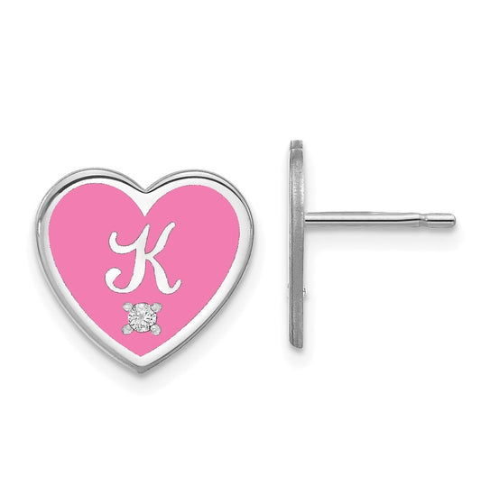 14K White Gold Initial Enameled Heart with Diamond Post Earrings