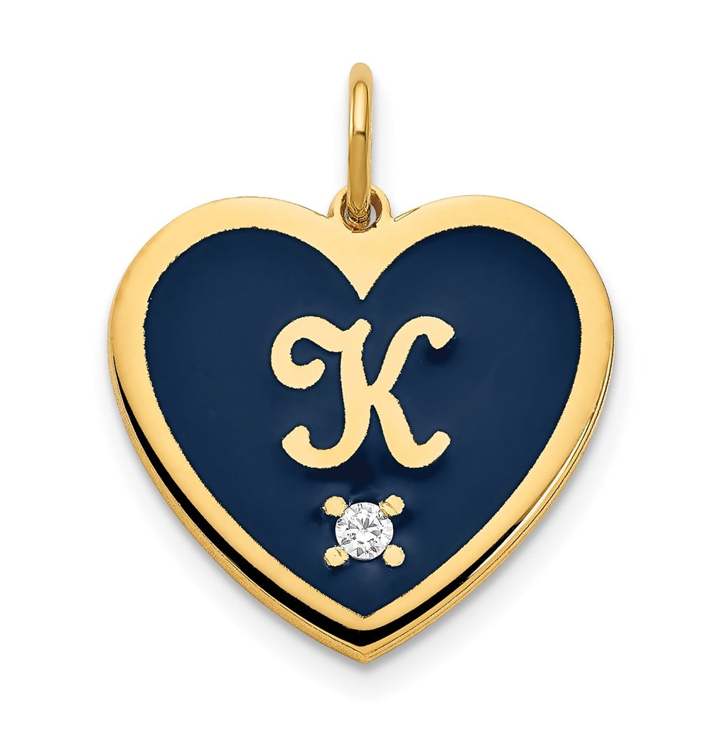 Sterling Silver Gold Plated Monogram Initial Enameled Heart with Diamond Charm