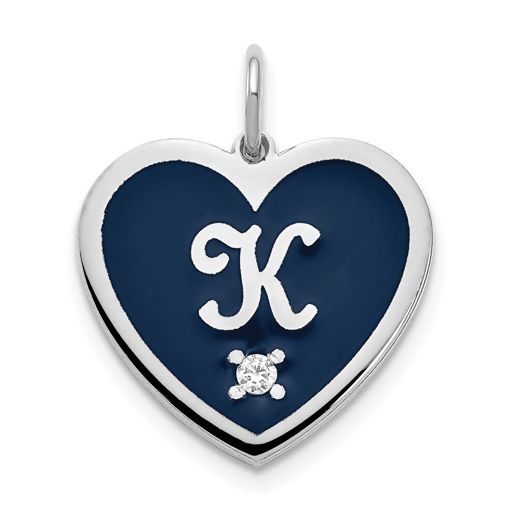 Sterling Silver Rhodium plated Monogram Initial Enameled Heart with Diamond Charm