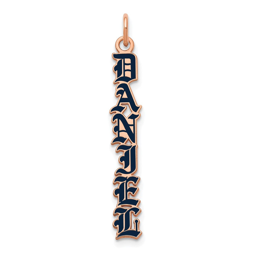 Sterling Silver Rose Gold plated English Towne Font Vertical Name Plate Enameled Charm