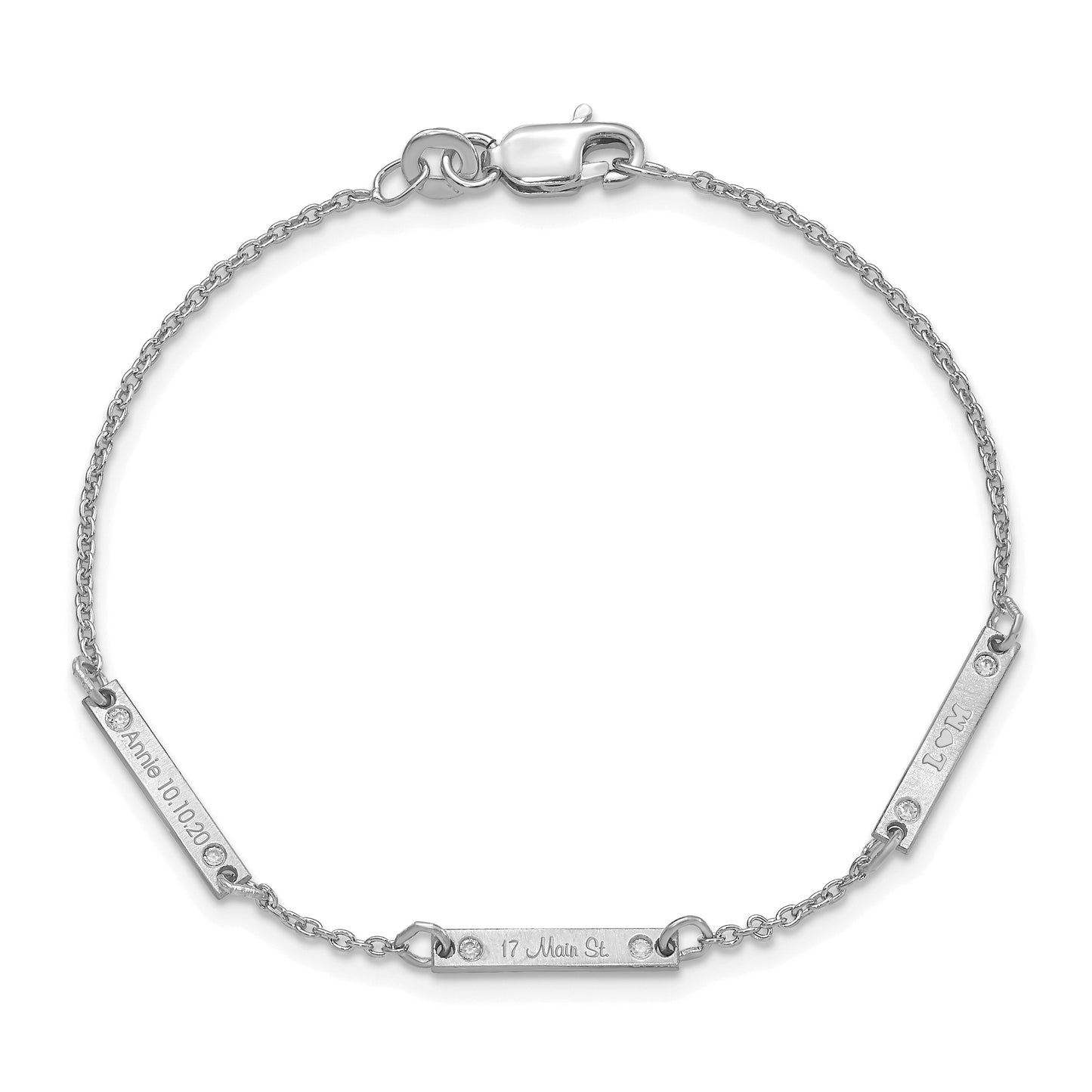 Sterling Silver Rhodium plated Brushed 3 Station with Diamond Bracelet