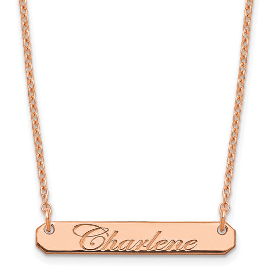Sterling Silver Rose Gold plated Small Polished Edwardian Script Bar Necklace