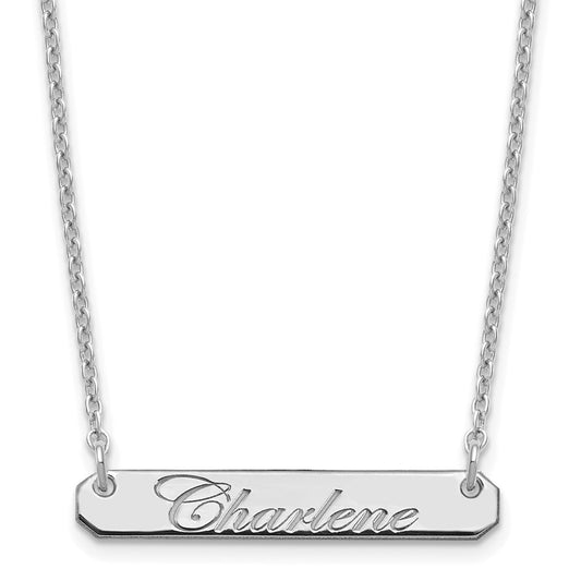 Sterling Silver Rhodium plated Small Polished Edwardian Script Bar Necklace