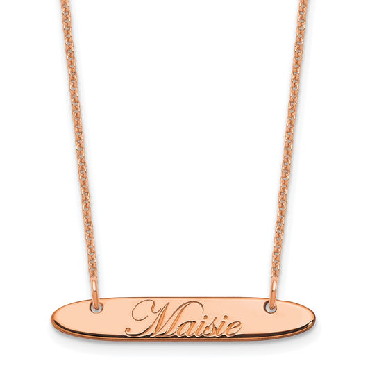 14K Rose Gold Small Polished Oblong Edwardian Script Bar Necklace
