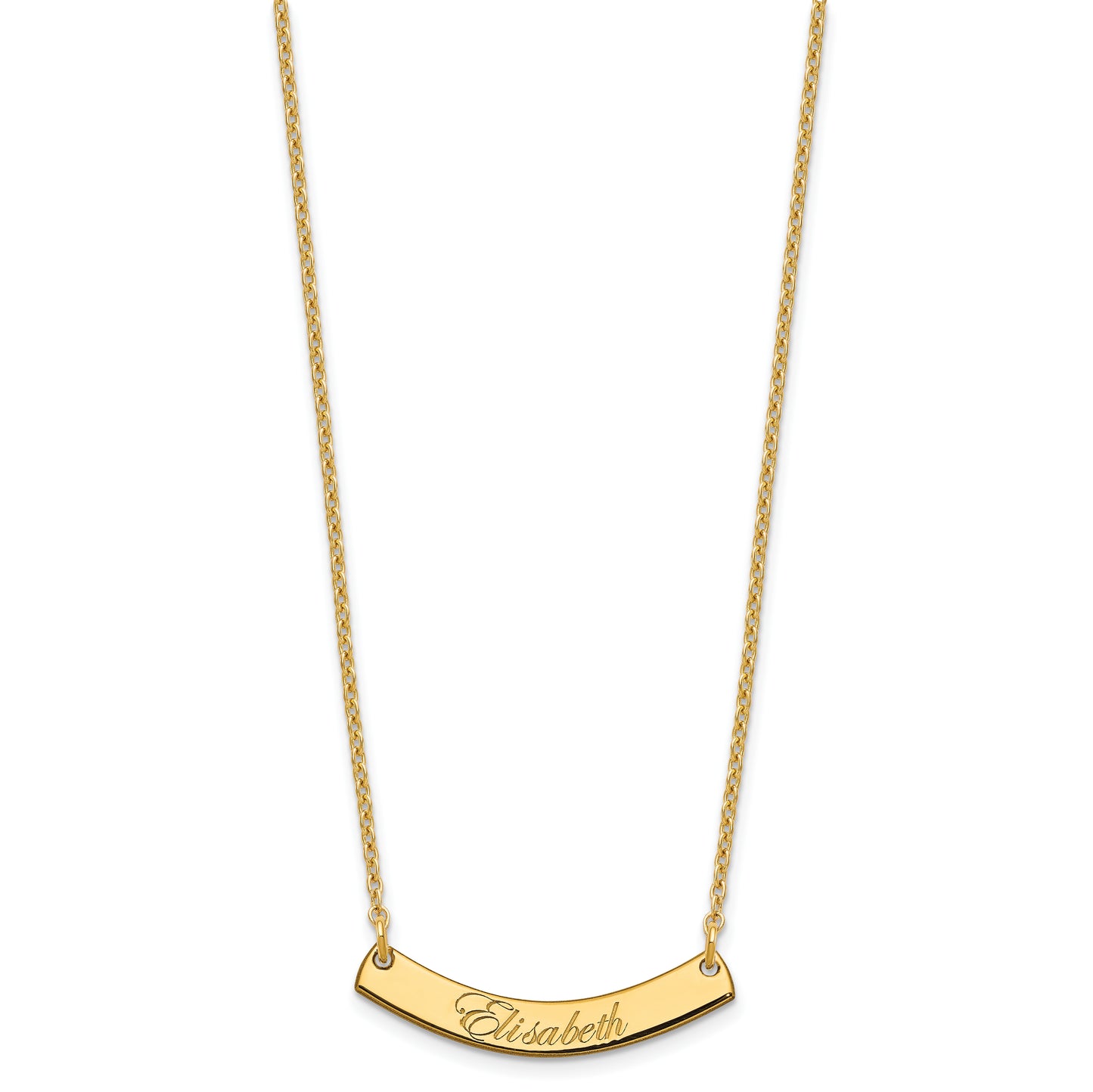 Sterling Silver Gold Plated Small Polished Curved Edwardian Script Bar Necklace