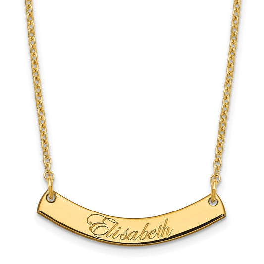 Sterling Silver Gold Plated Small Polished Curved Edwardian Script Bar Necklace