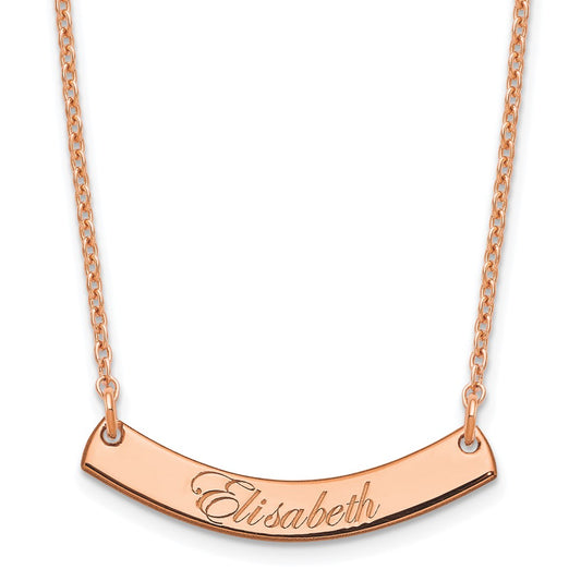 Sterling Silver Rose Gold plated Small Polished Curved Edwardian Script Bar Necklace