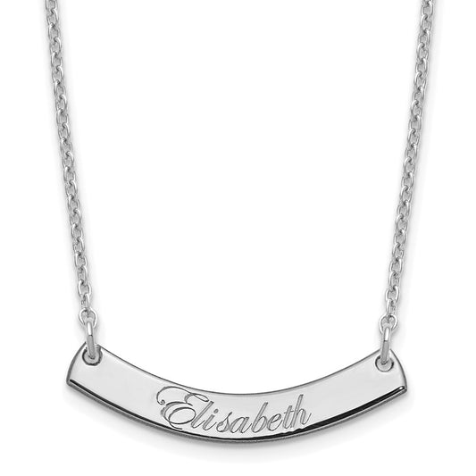 Sterling Silver Rhodium plated Small Polished Curved Edwardian Script Bar Necklace