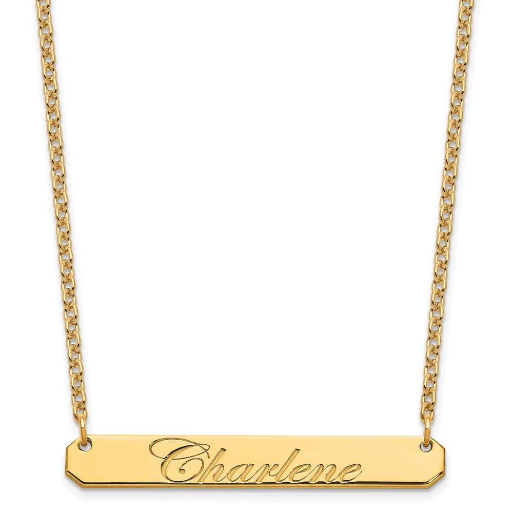 Sterling Silver Gold Plated Medium Polished Edwardian Script Bar Necklace