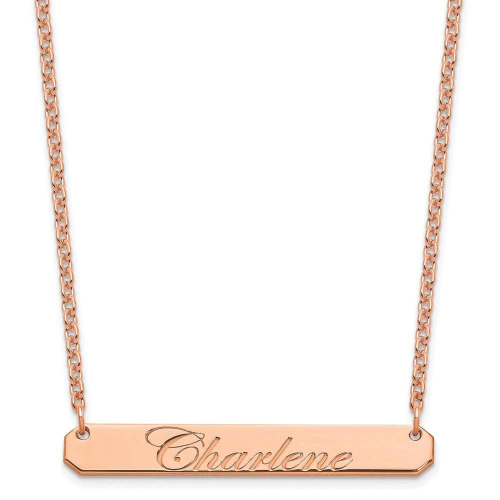 Sterling Silver Rose Gold plated Medium Polished Edwardian Script Bar Necklace