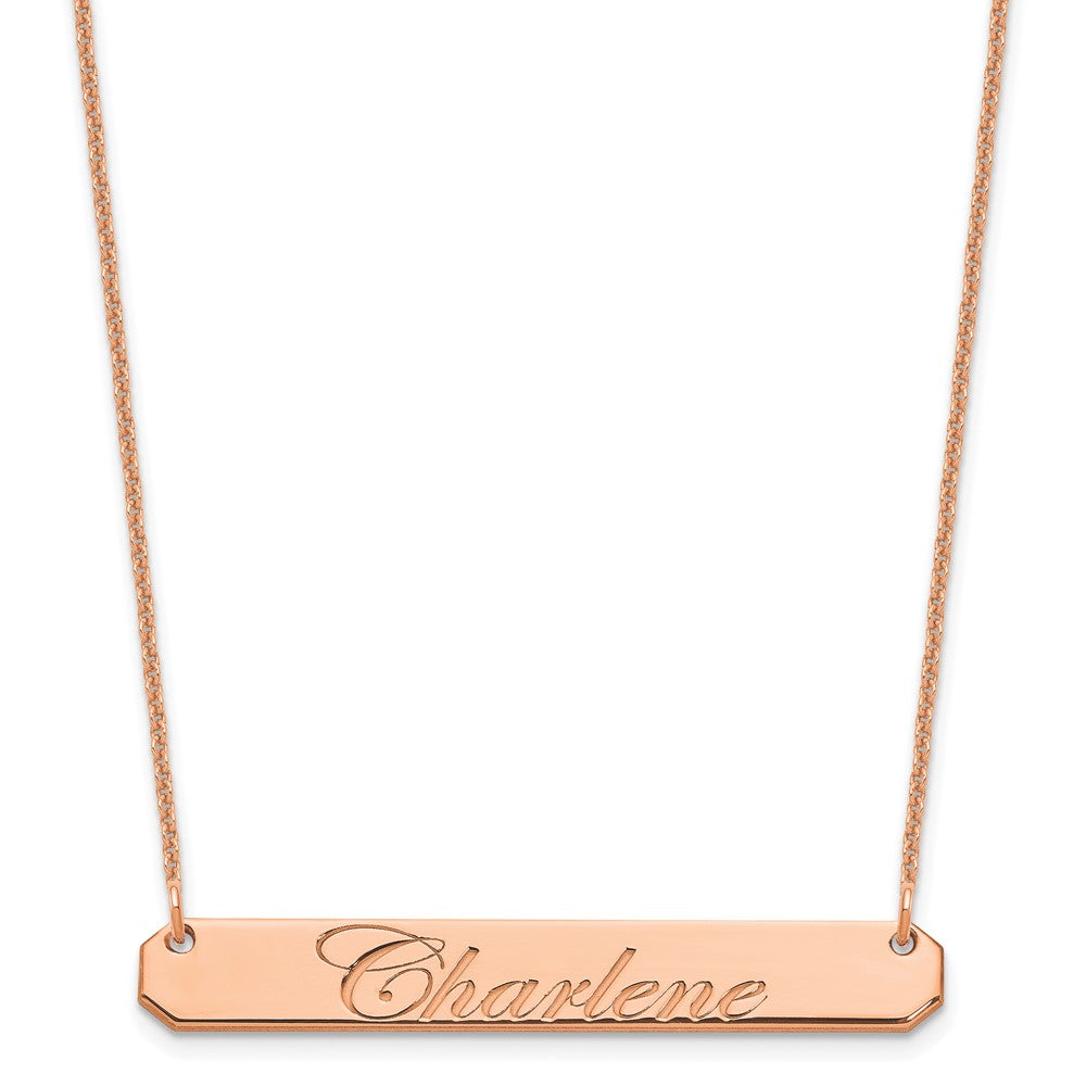 14K Rose Gold Medium Polished Edwardian Script Bar Necklace