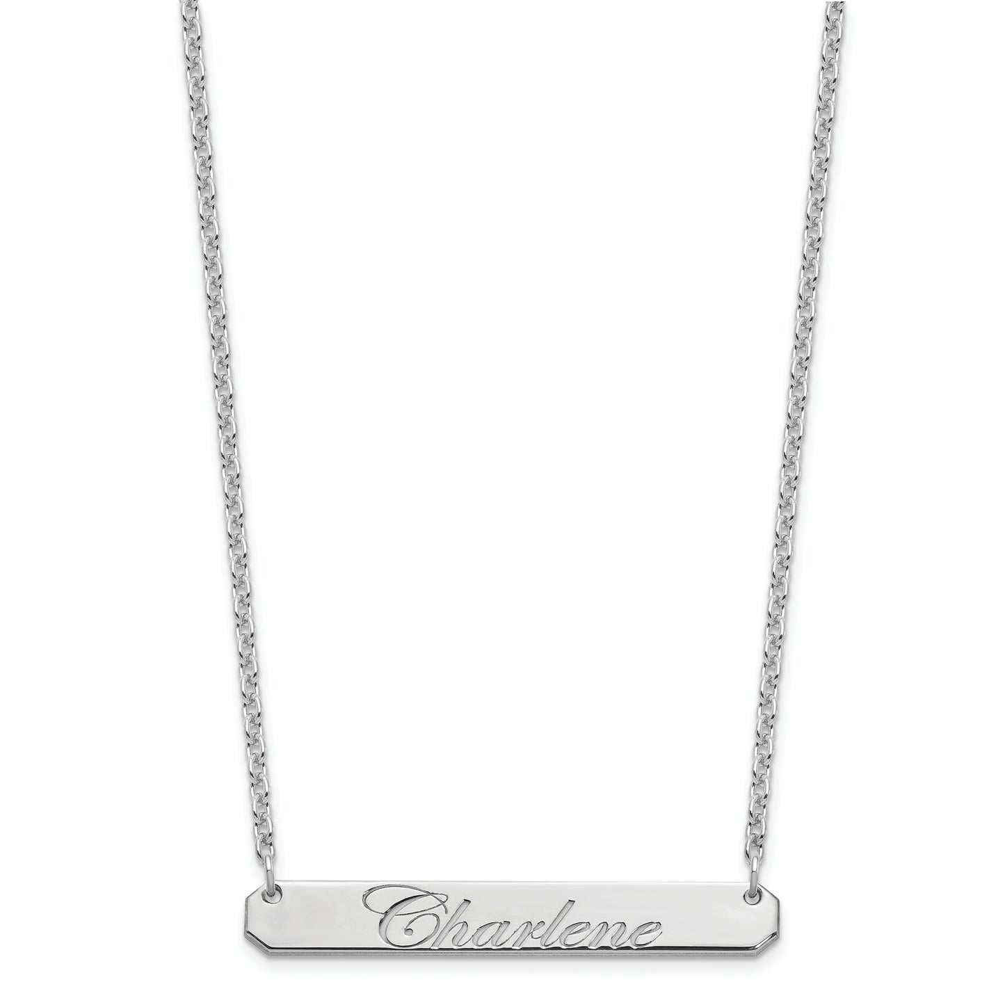 Sterling Silver Rhodium plated Medium Polished Edwardian Script Bar Necklace