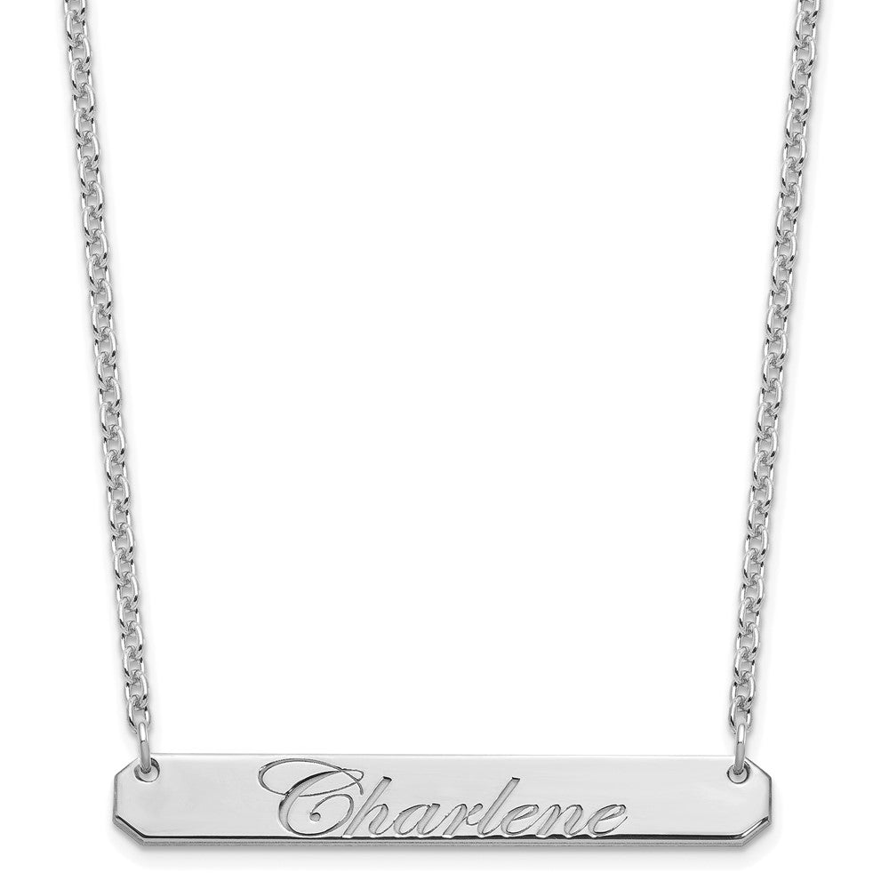 Sterling Silver Rhodium plated Medium Polished Edwardian Script Bar Necklace
