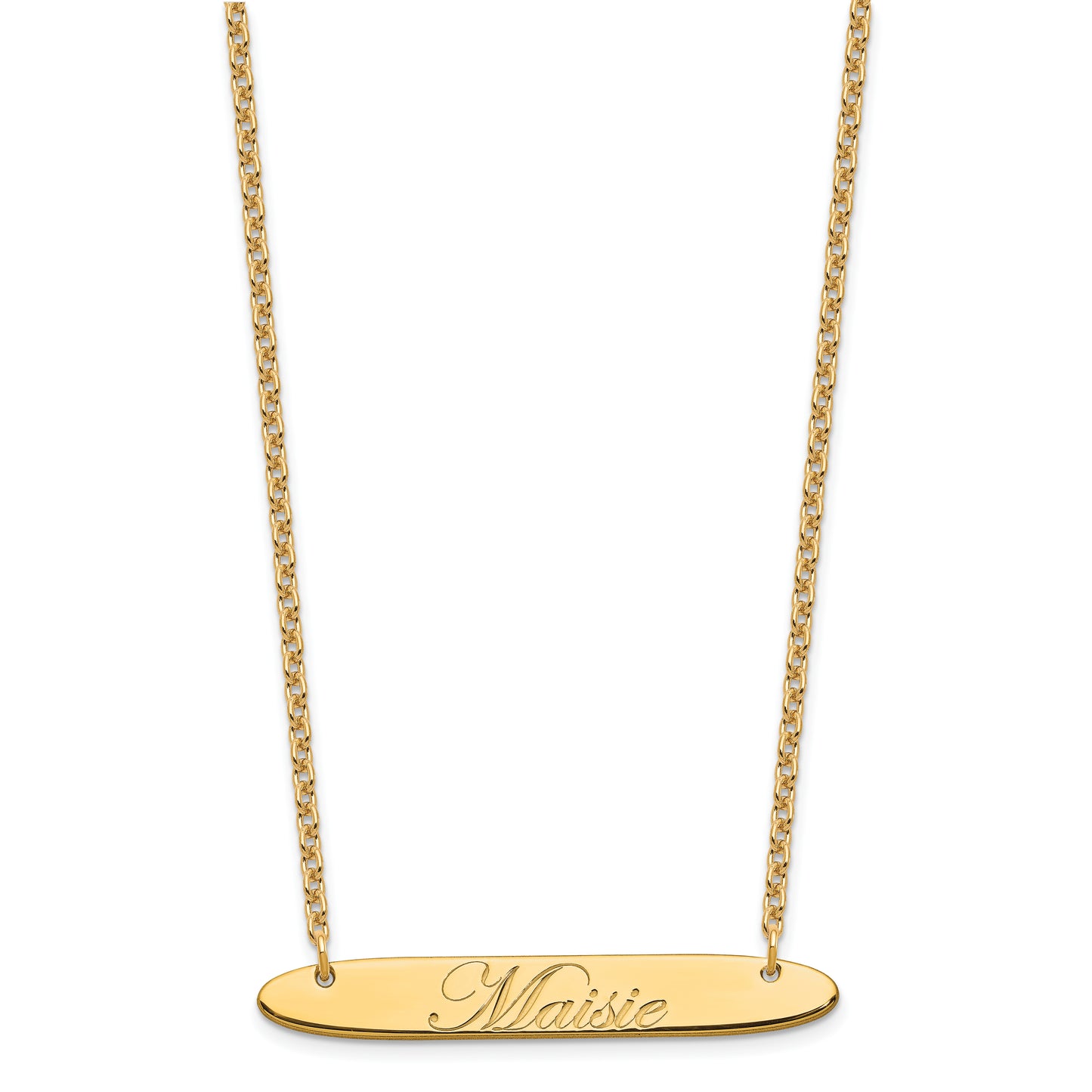 Sterling Silver Gold Plated Medium Polished Oblong Edwardian Script Bar Necklace