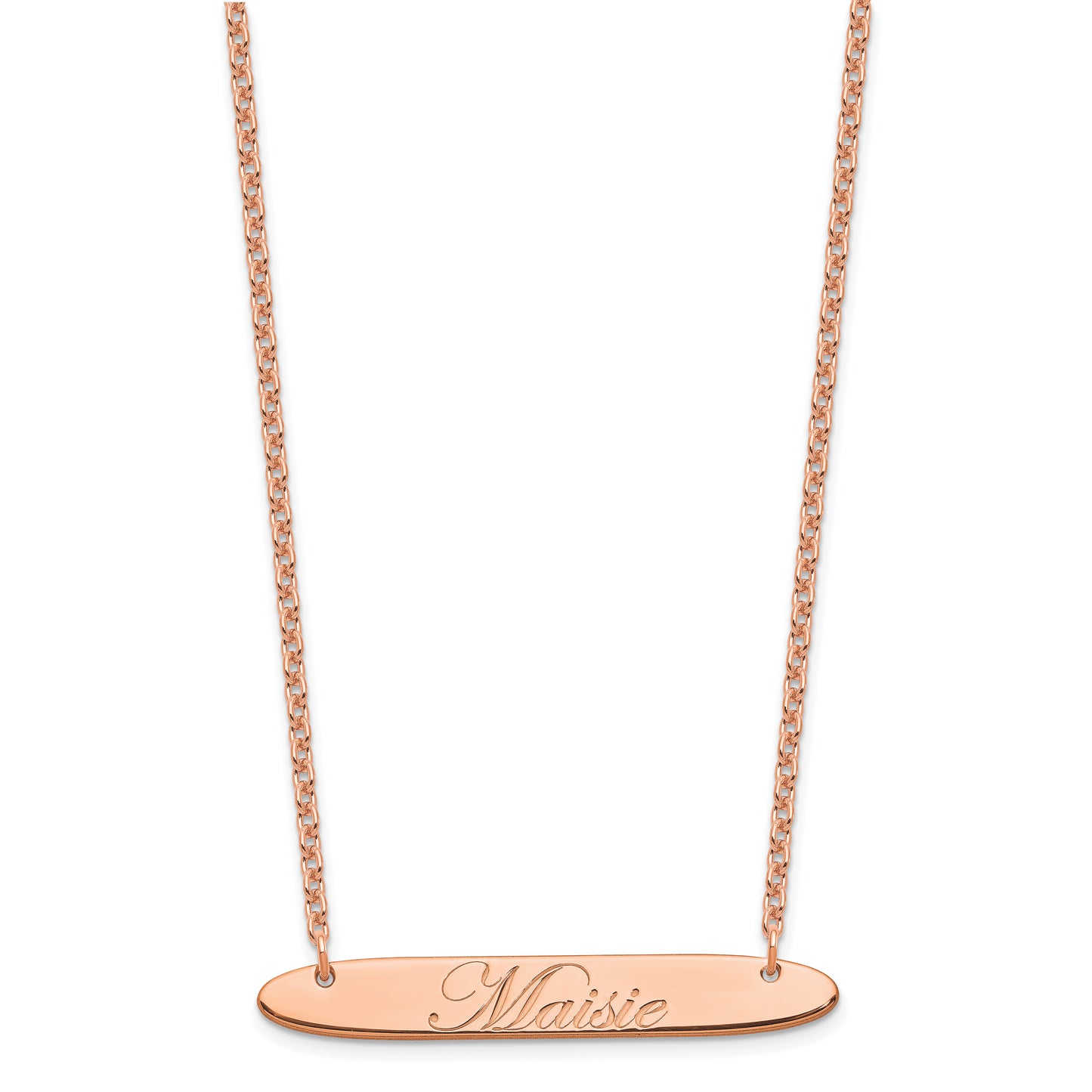 Sterling Silver Rose Gold plated Medium Polished Oblong Edwardian Script Bar Necklace