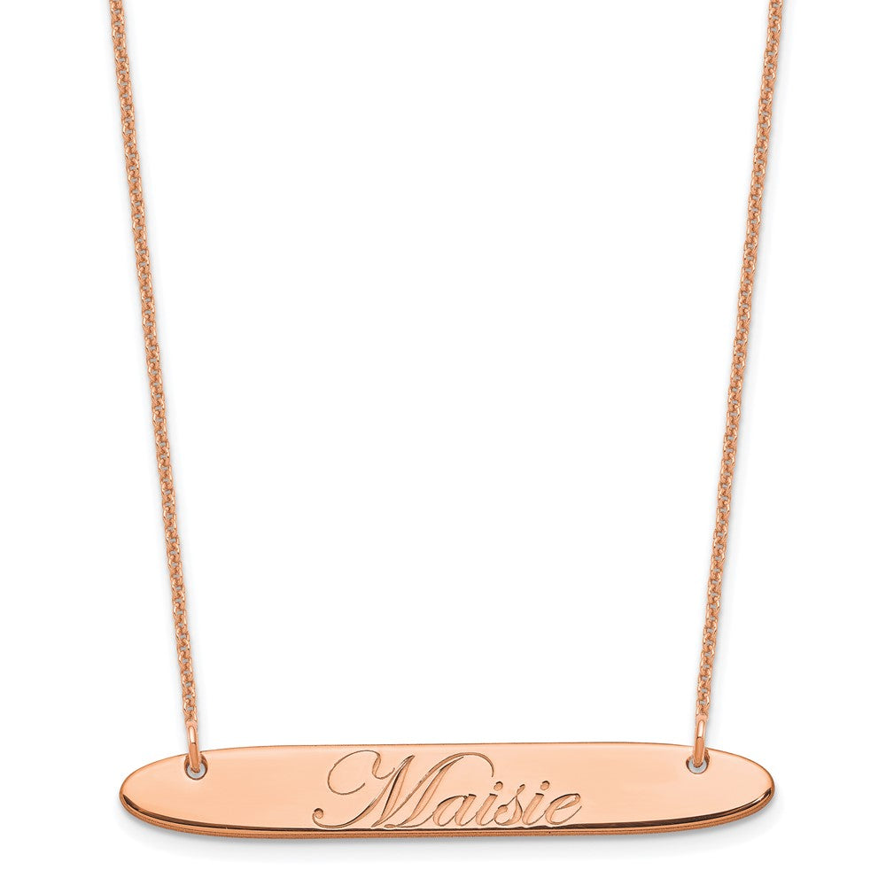 14K Rose Gold Medium Polished Oblong Edwardian Script Bar Necklace