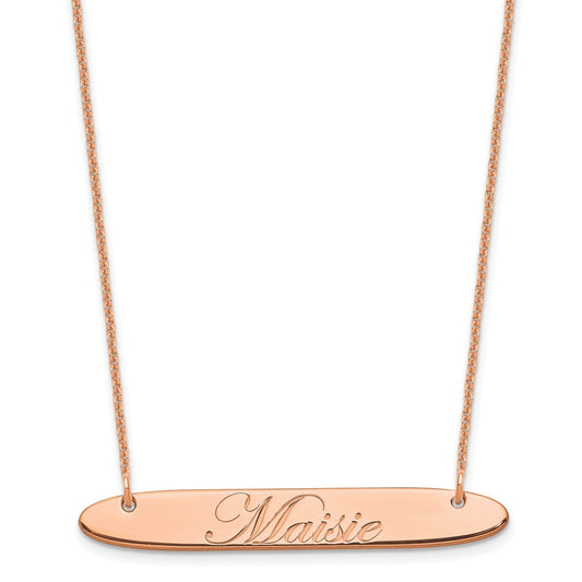 14K Rose Gold Medium Polished Oblong Edwardian Script Bar Necklace