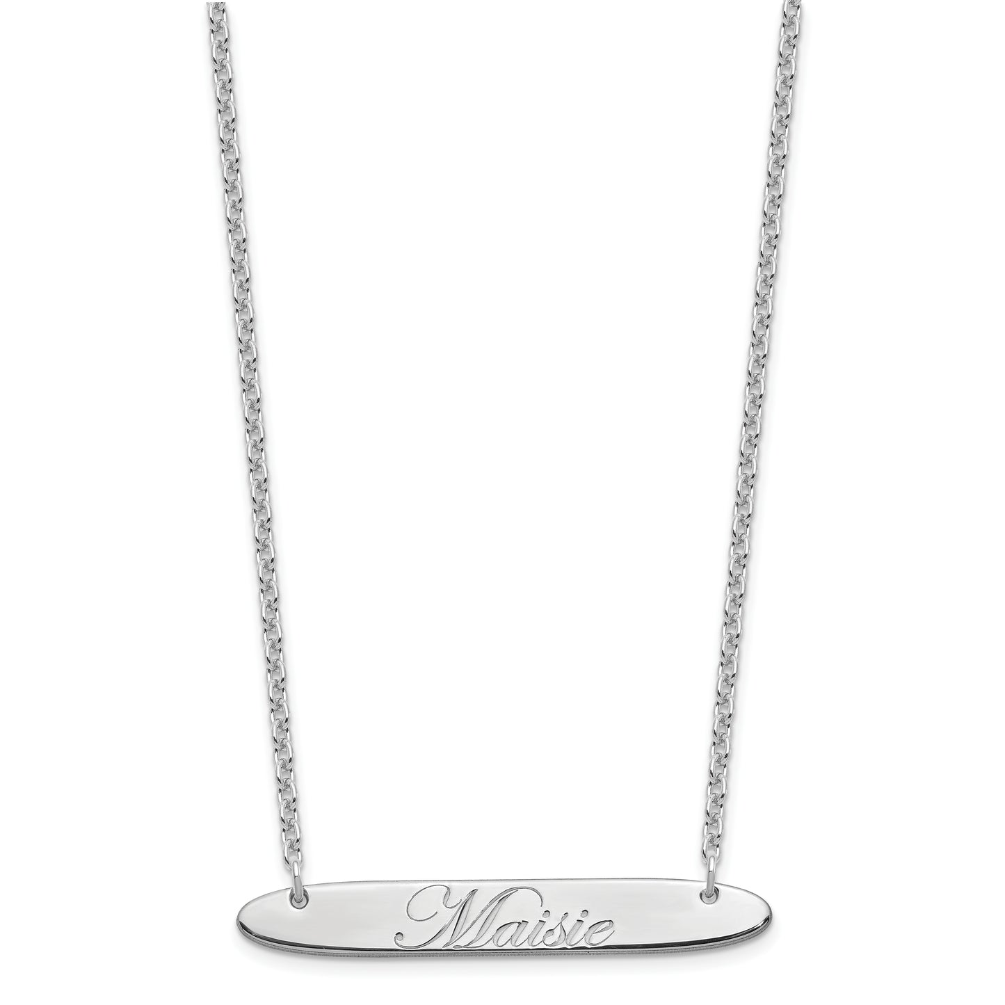 Sterling Silver Rhodium plated Medium Polished Oblong Edwardian Script Bar Necklace