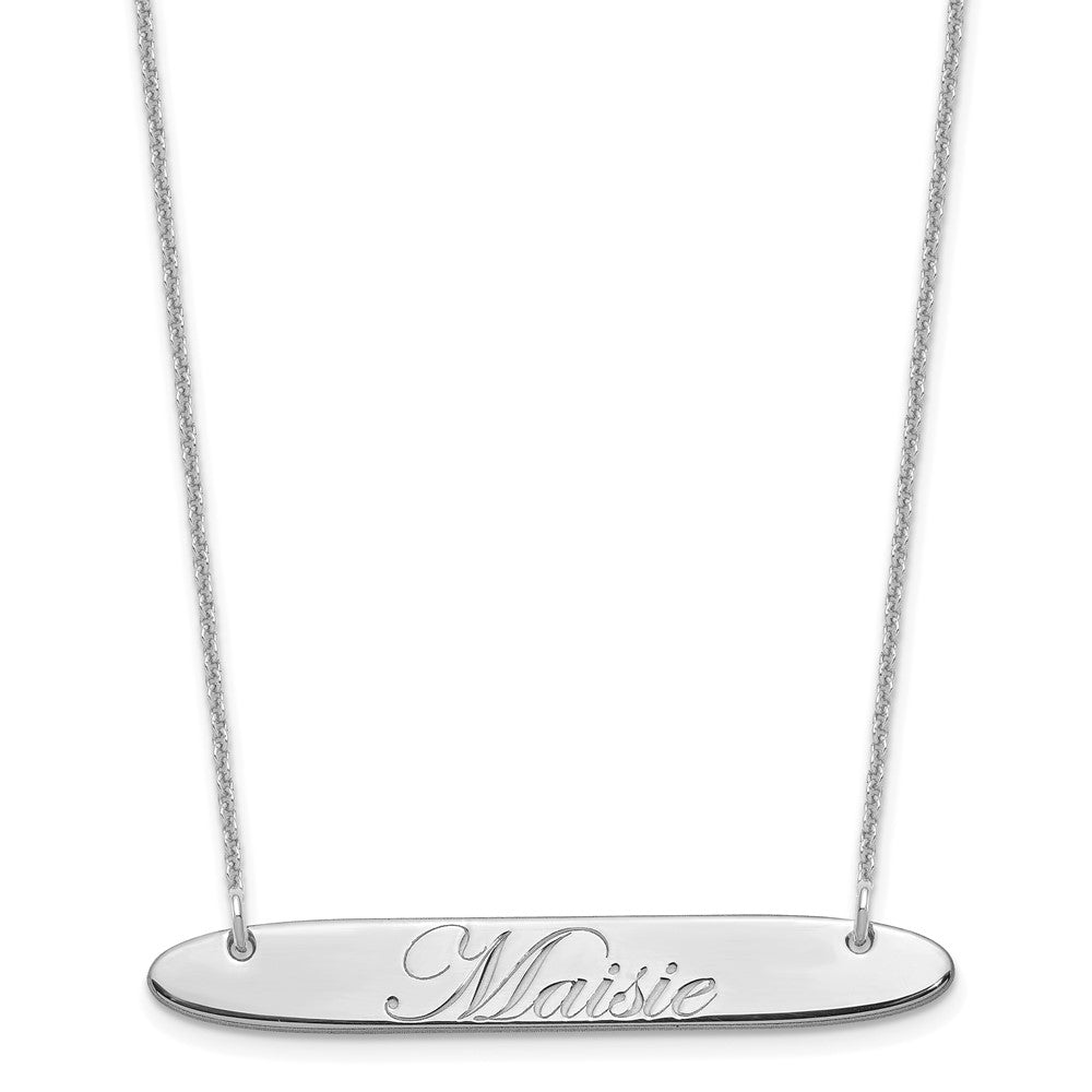 14K White Gold Medium Polished Oblong Edwardian Script Bar Necklace