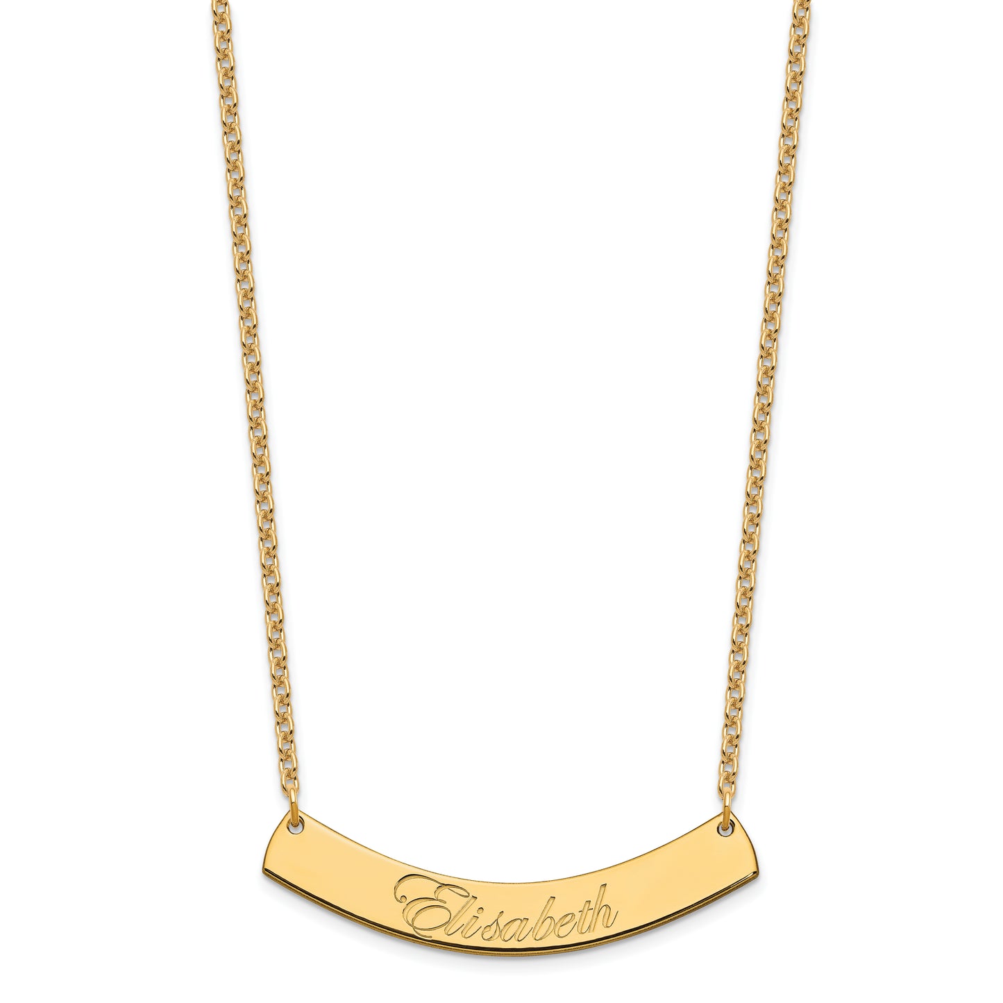 Sterling Silver Gold Plated Medium Polished Curved Edwardian Script Bar Necklace