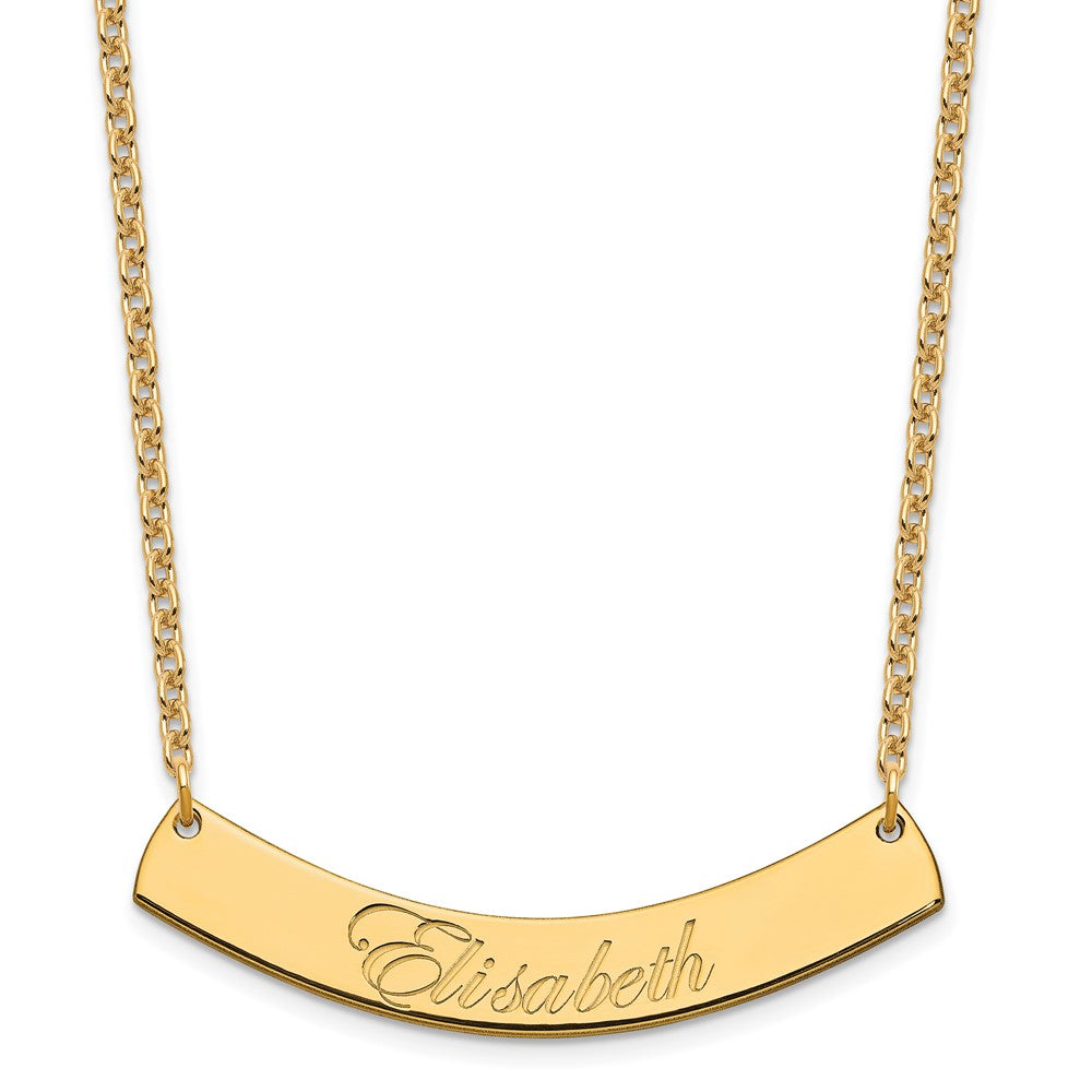 Sterling Silver Gold Plated Medium Polished Curved Edwardian Script Bar Necklace