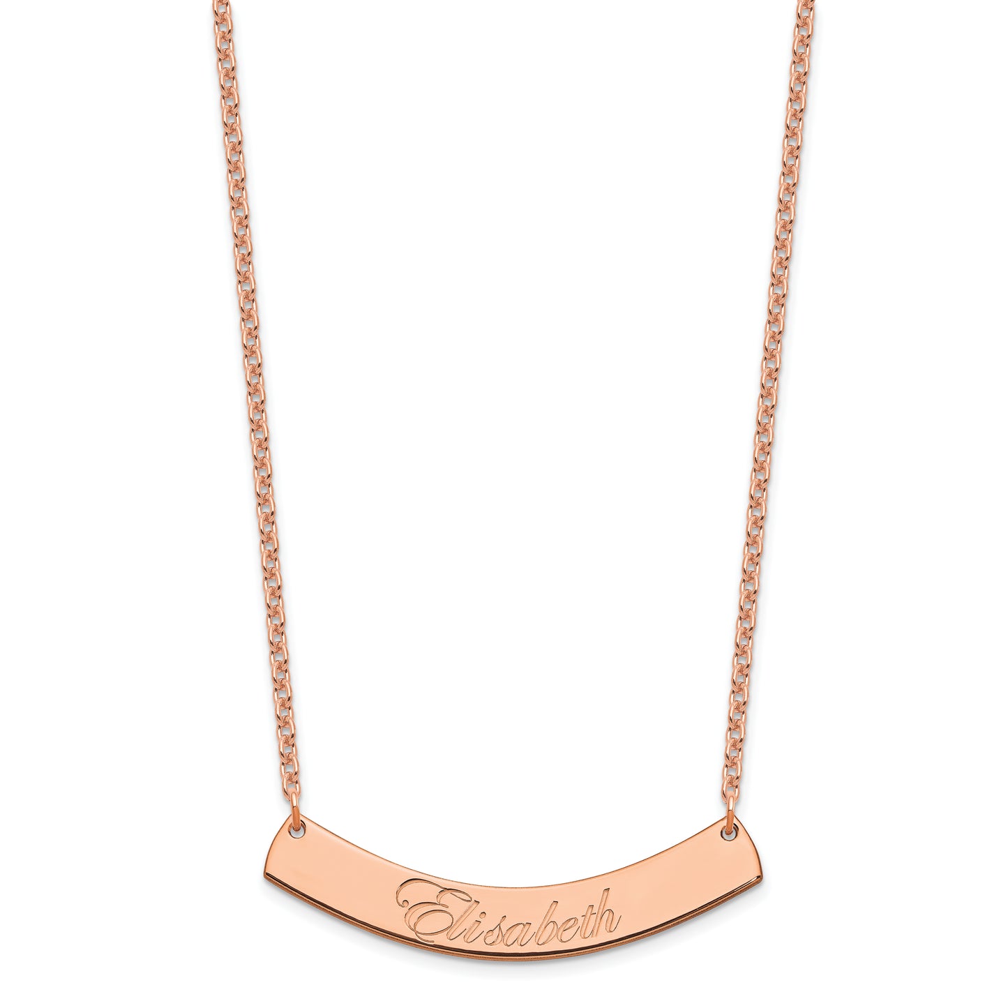 Sterling Silver Rose Gold plated Medium Polished Curved Edwardian Script Bar Necklace