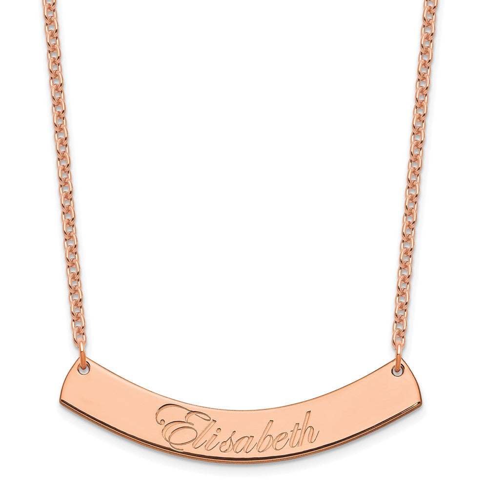 Sterling Silver Rose Gold plated Medium Polished Curved Edwardian Script Bar Necklace