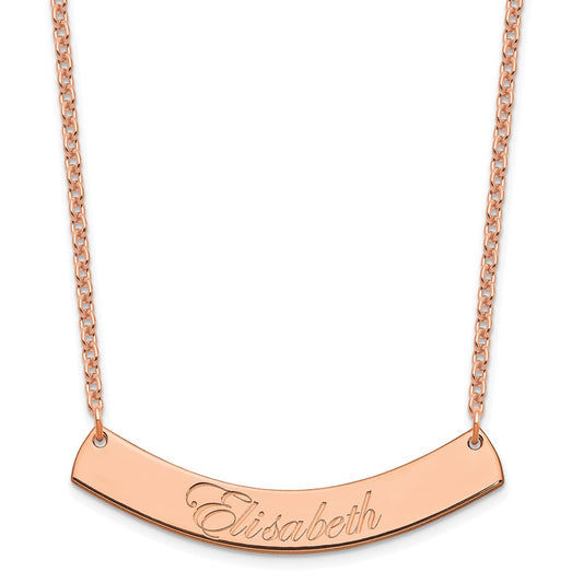 Sterling Silver Rose Gold plated Medium Polished Curved Edwardian Script Bar Necklace