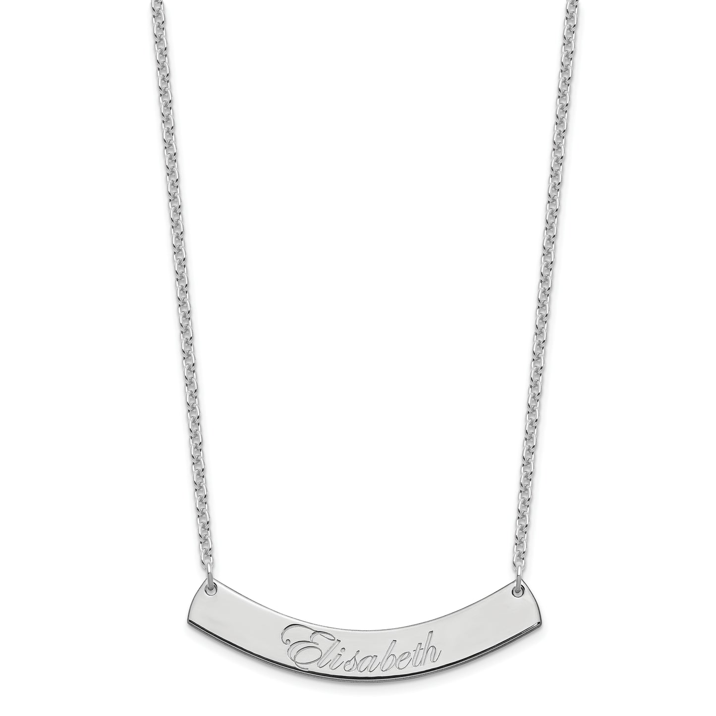 Sterling Silver Rhodium plated Medium Polished Curved Edwardian Script Bar Necklace
