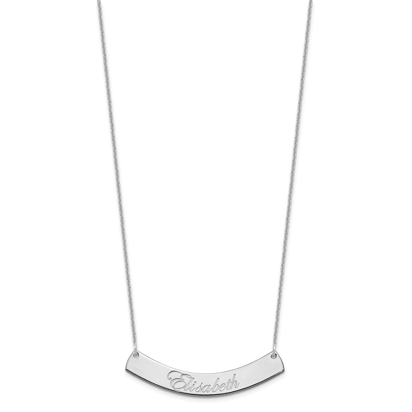 14K White Gold Medium Polished Curved Edwardian Script Bar Necklace